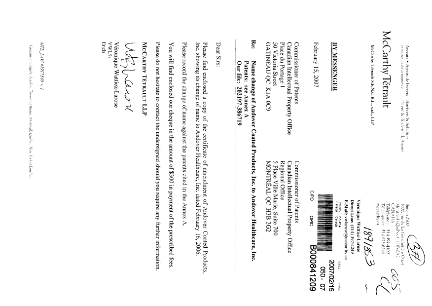 Document de brevet canadien 2227169. Cession 20070215. Image 1 de 6