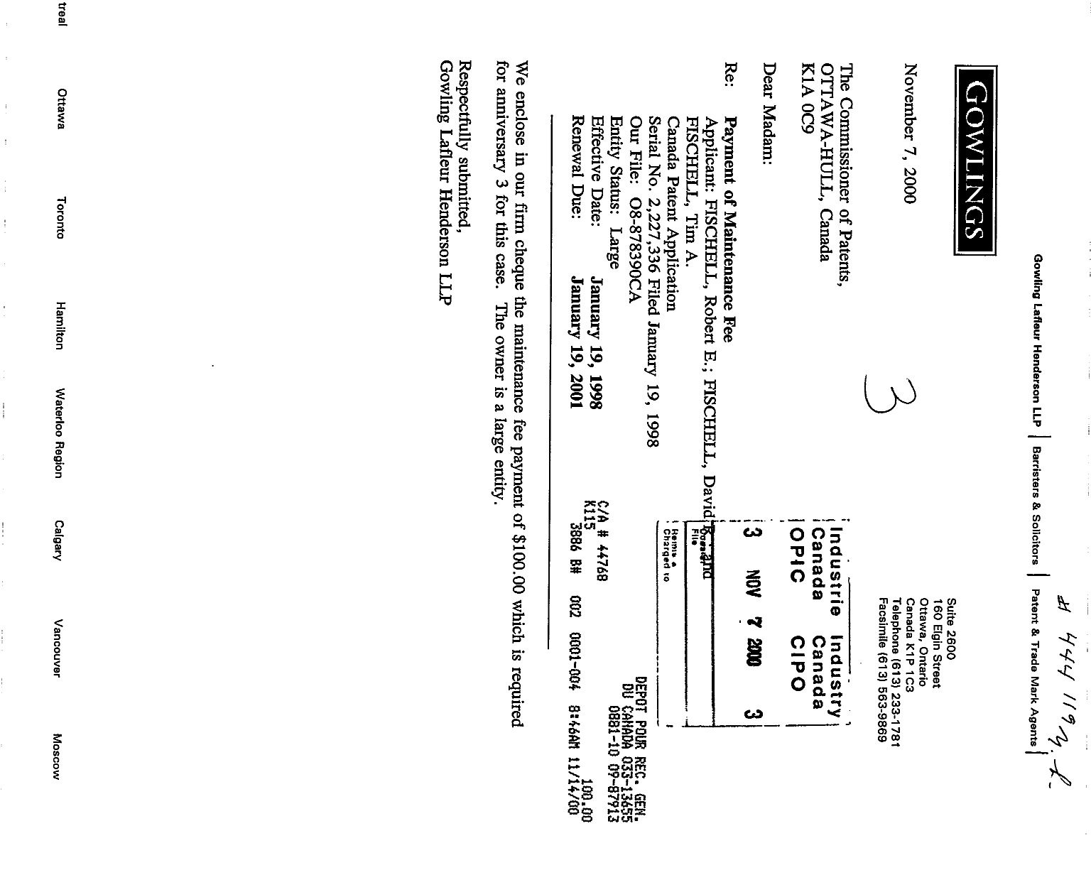 Document de brevet canadien 2227336. Taxes 20001107. Image 1 de 1