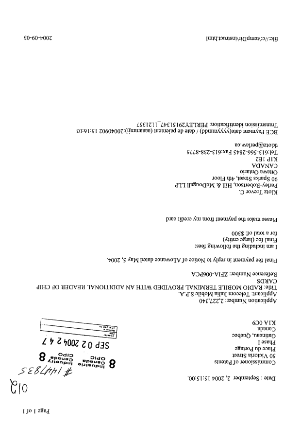 Canadian Patent Document 2227340. Correspondence 20040902. Image 1 of 1