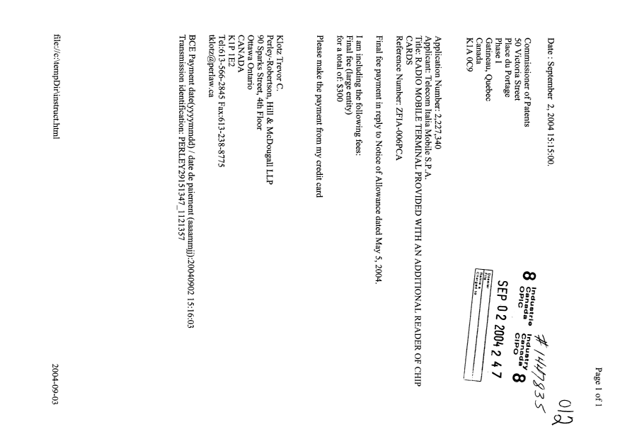 Document de brevet canadien 2227340. Correspondance 20040902. Image 1 de 1