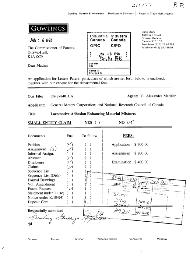 Document de brevet canadien 2227351. Cession 19980116. Image 1 de 7