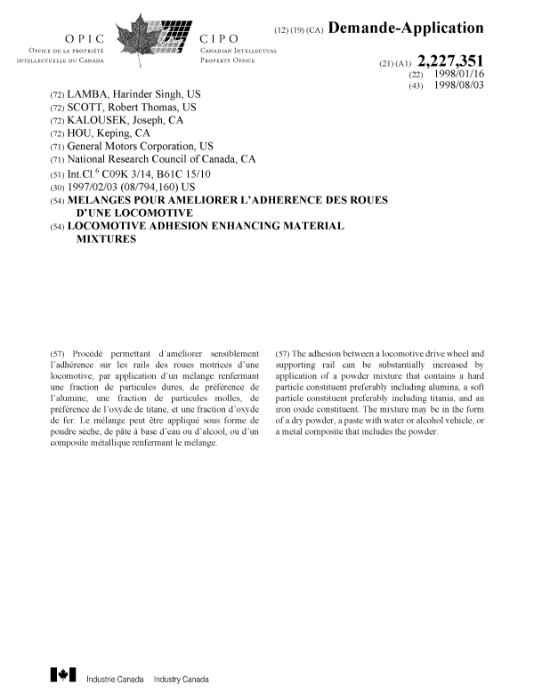 Document de brevet canadien 2227351. Page couverture 19980810. Image 1 de 1