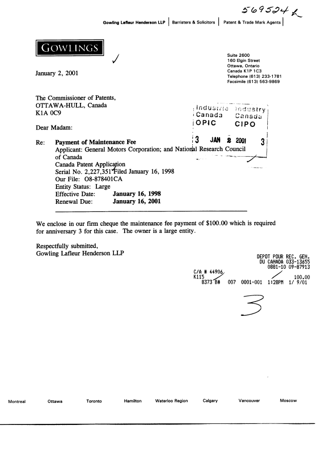 Document de brevet canadien 2227351. Taxes 20010102. Image 1 de 1