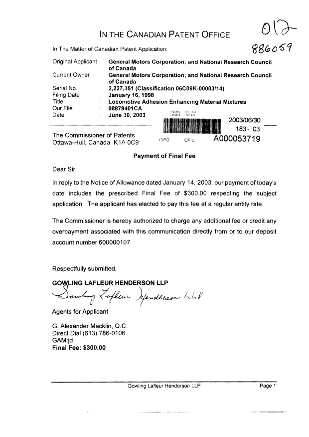 Document de brevet canadien 2227351. Correspondance 20030630. Image 1 de 1
