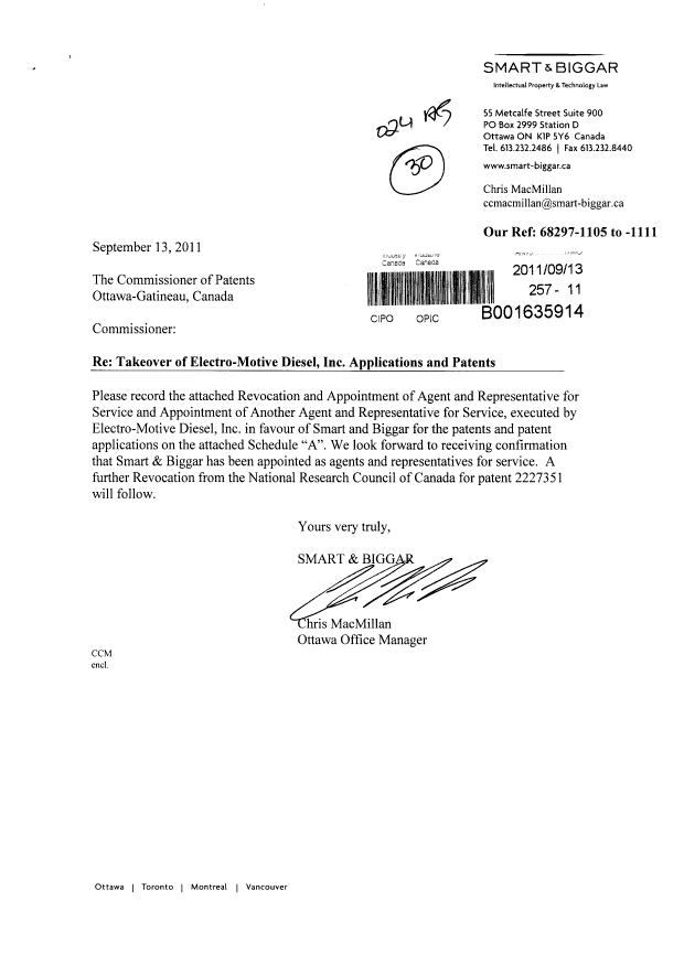 Document de brevet canadien 2227351. Correspondance 20110913. Image 1 de 3
