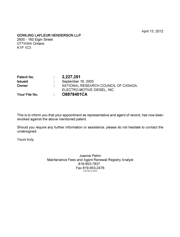 Document de brevet canadien 2227351. Correspondance 20120413. Image 1 de 1