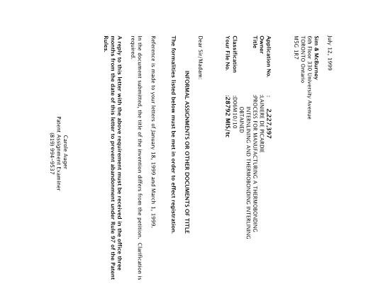Document de brevet canadien 2227397. Correspondance 19990712. Image 1 de 2