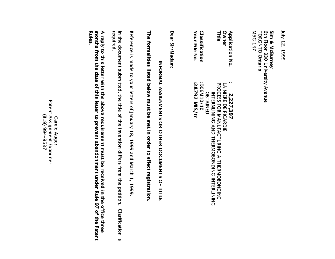Canadian Patent Document 2227397. Correspondence 19990712. Image 1 of 2