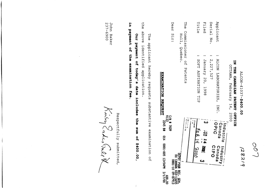 Canadian Patent Document 2227527. Prosecution-Amendment 20000214. Image 1 of 1