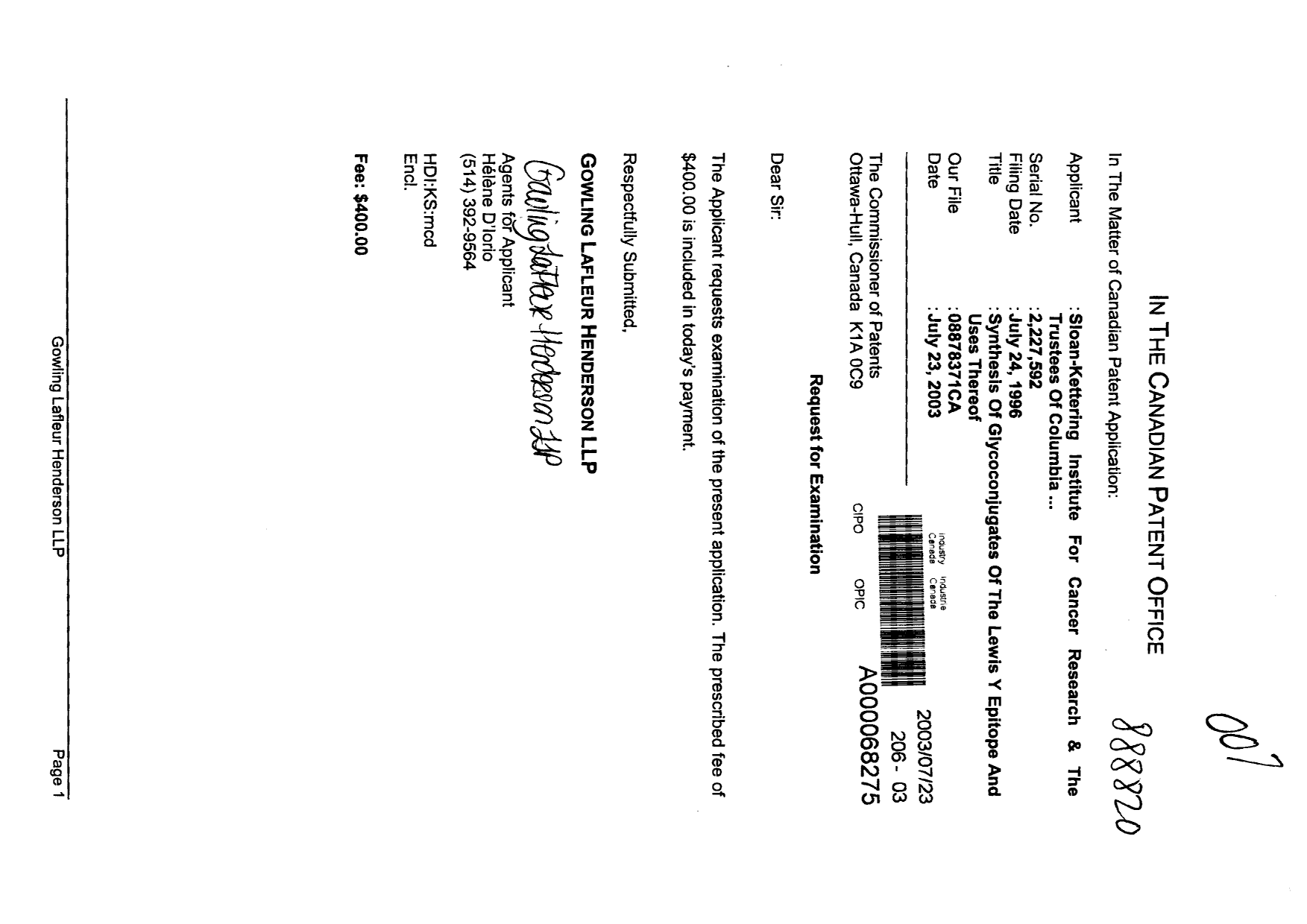 Document de brevet canadien 2227592. Poursuite-Amendment 20030723. Image 1 de 1