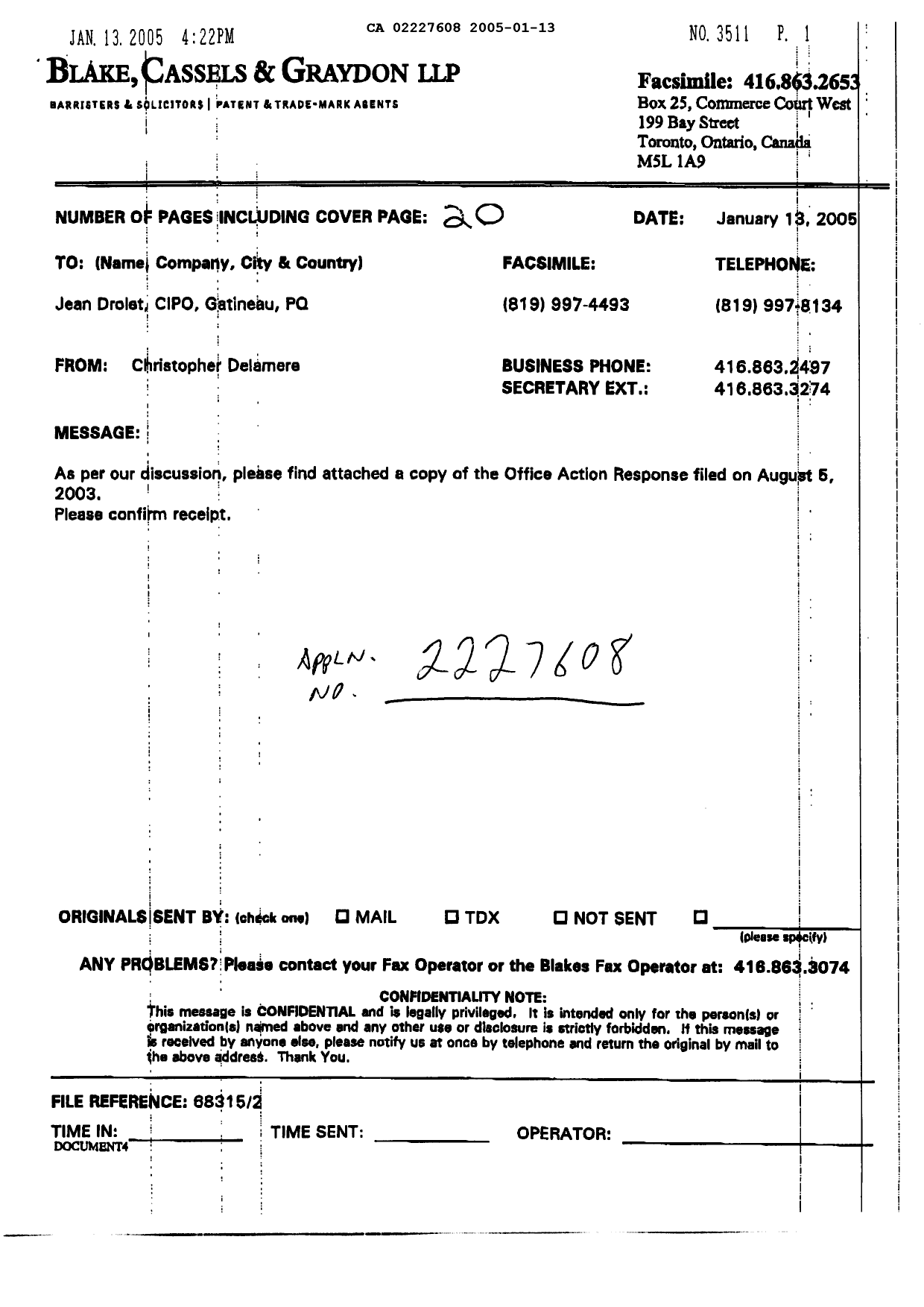 Canadian Patent Document 2227608. Prosecution-Amendment 20030805. Image 1 of 17