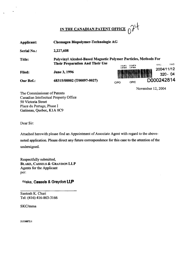 Canadian Patent Document 2227608. Correspondence 20041112. Image 1 of 2