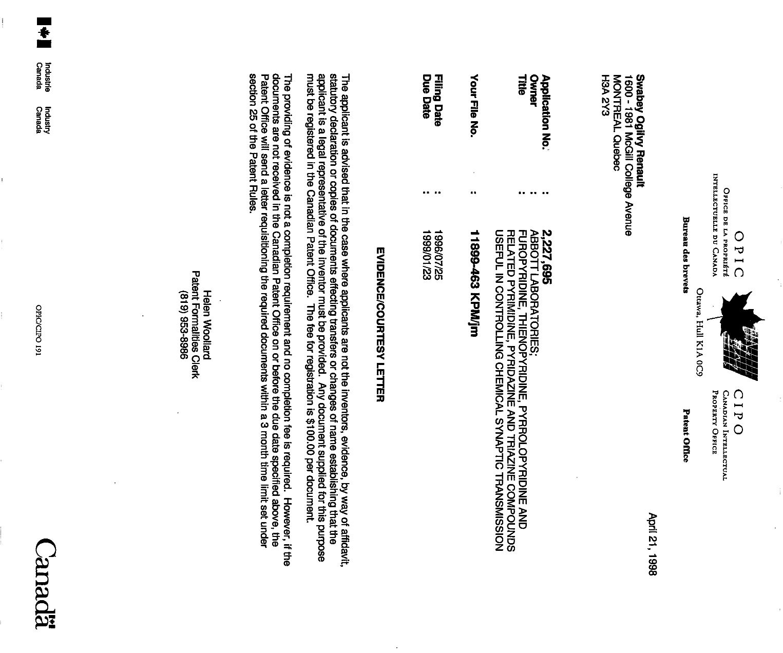 Document de brevet canadien 2227695. Correspondance 19980421. Image 1 de 1