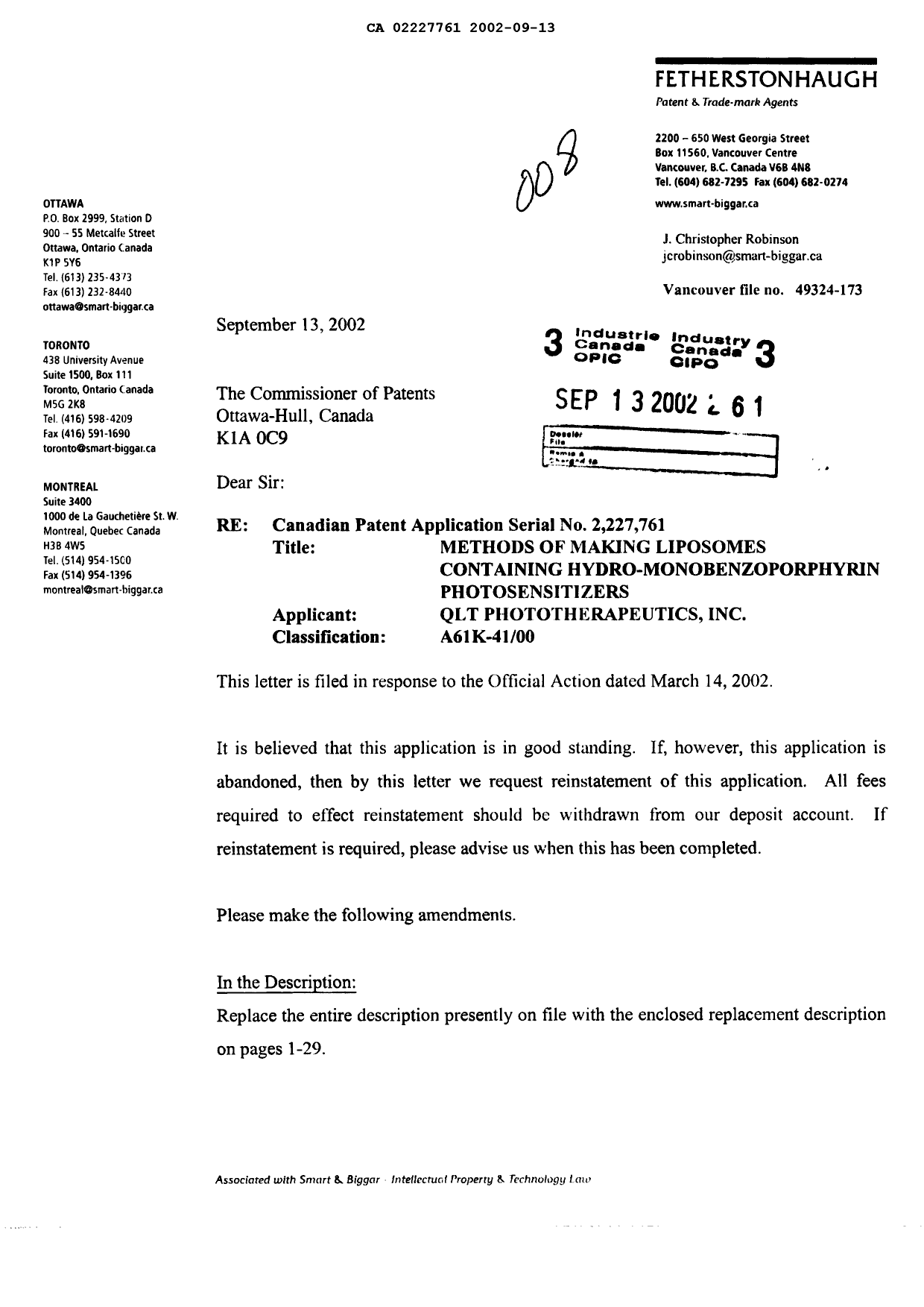 Canadian Patent Document 2227761. Prosecution-Amendment 20020913. Image 1 of 43