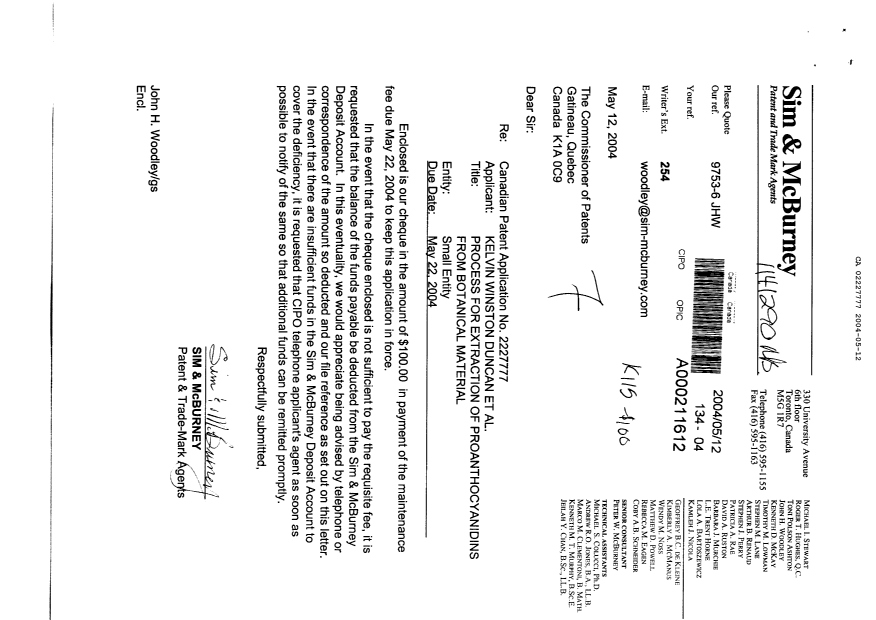 Document de brevet canadien 2227777. Taxes 20040512. Image 1 de 1