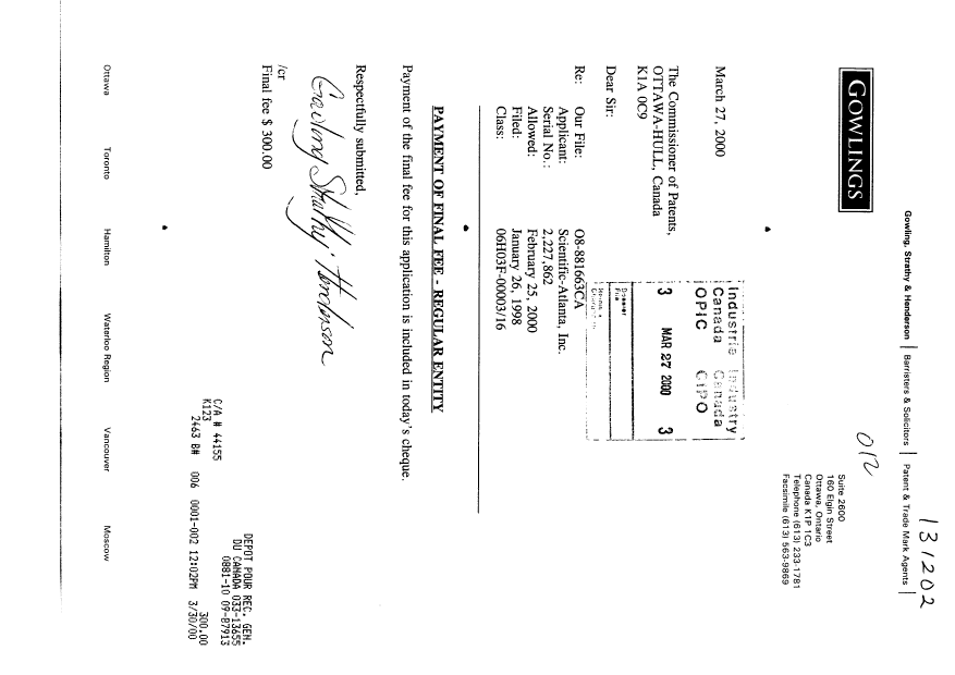 Document de brevet canadien 2227862. Correspondance 20000327. Image 1 de 1