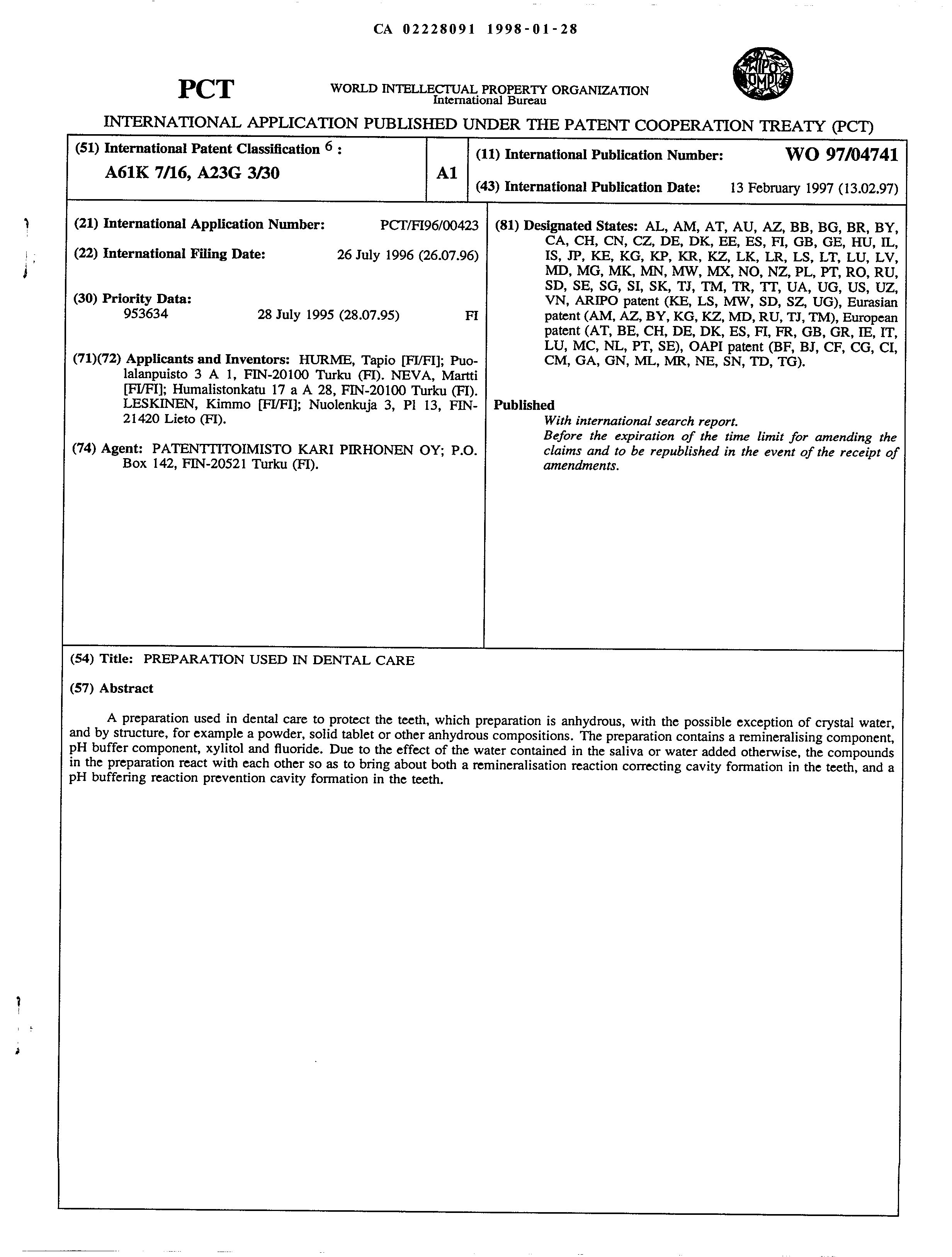Canadian Patent Document 2228091. Abstract 19980128. Image 1 of 1
