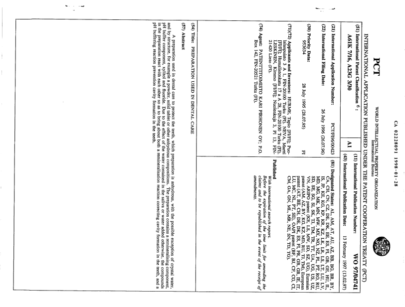 Document de brevet canadien 2228091. Abrégé 19980128. Image 1 de 1