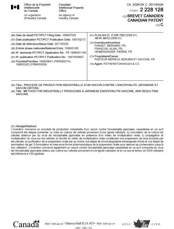 Document de brevet canadien 2228128. Page couverture 20110224. Image 1 de 1