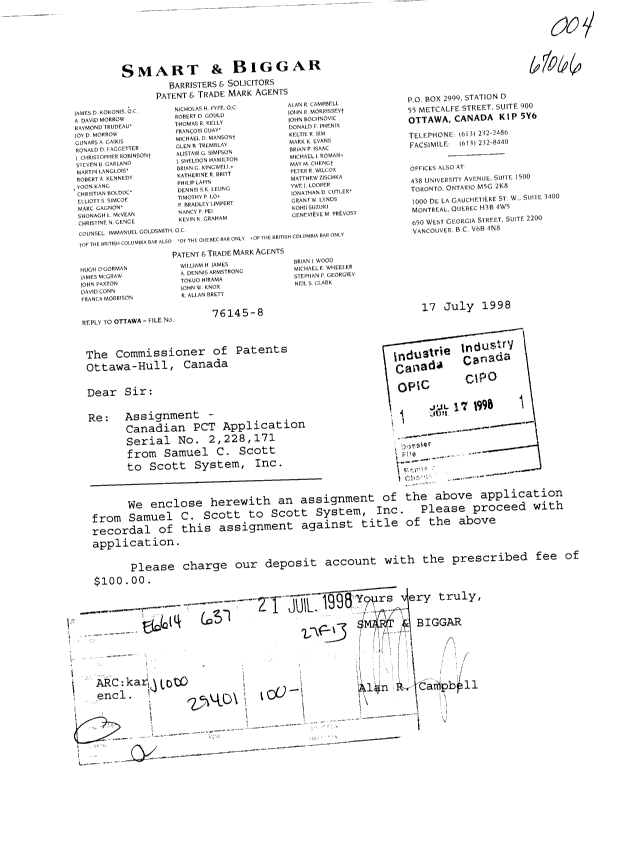 Document de brevet canadien 2228171. Cession 19980717. Image 1 de 2