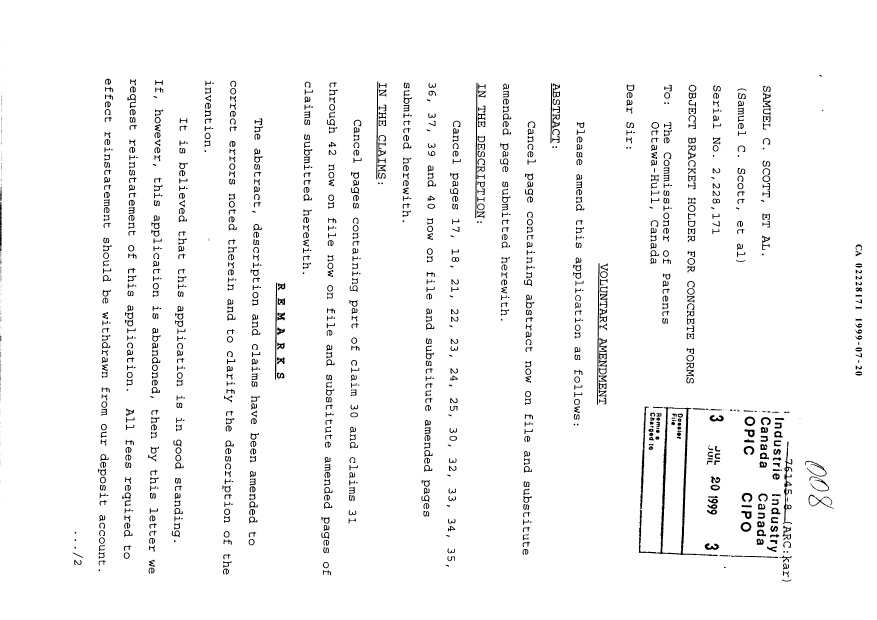 Canadian Patent Document 2228171. Prosecution-Amendment 19990720. Image 1 of 23