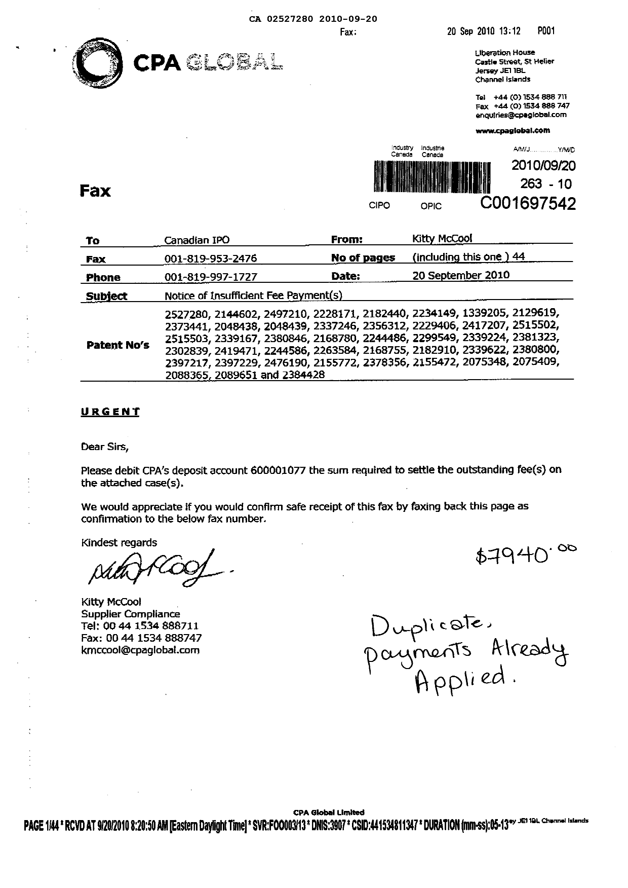 Canadian Patent Document 2228171. Correspondence 20100920. Image 1 of 44
