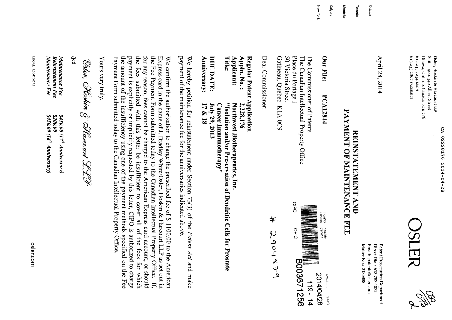 Canadian Patent Document 2228176. Fees 20140428. Image 1 of 1