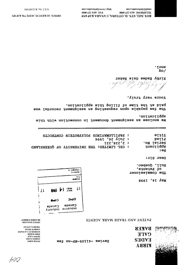 Canadian Patent Document 2228221. Assignment 19980514. Image 1 of 2