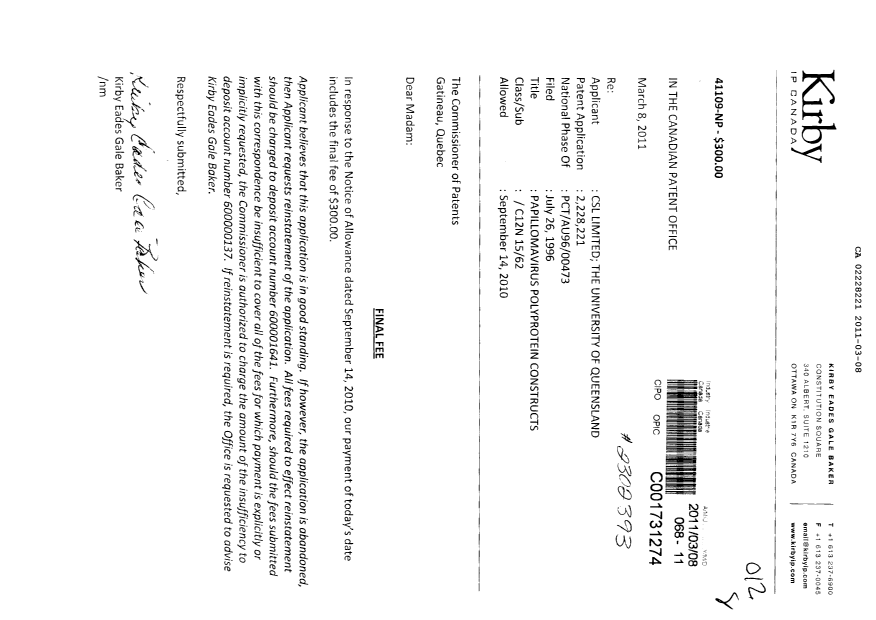 Document de brevet canadien 2228221. Correspondance 20110308. Image 1 de 1
