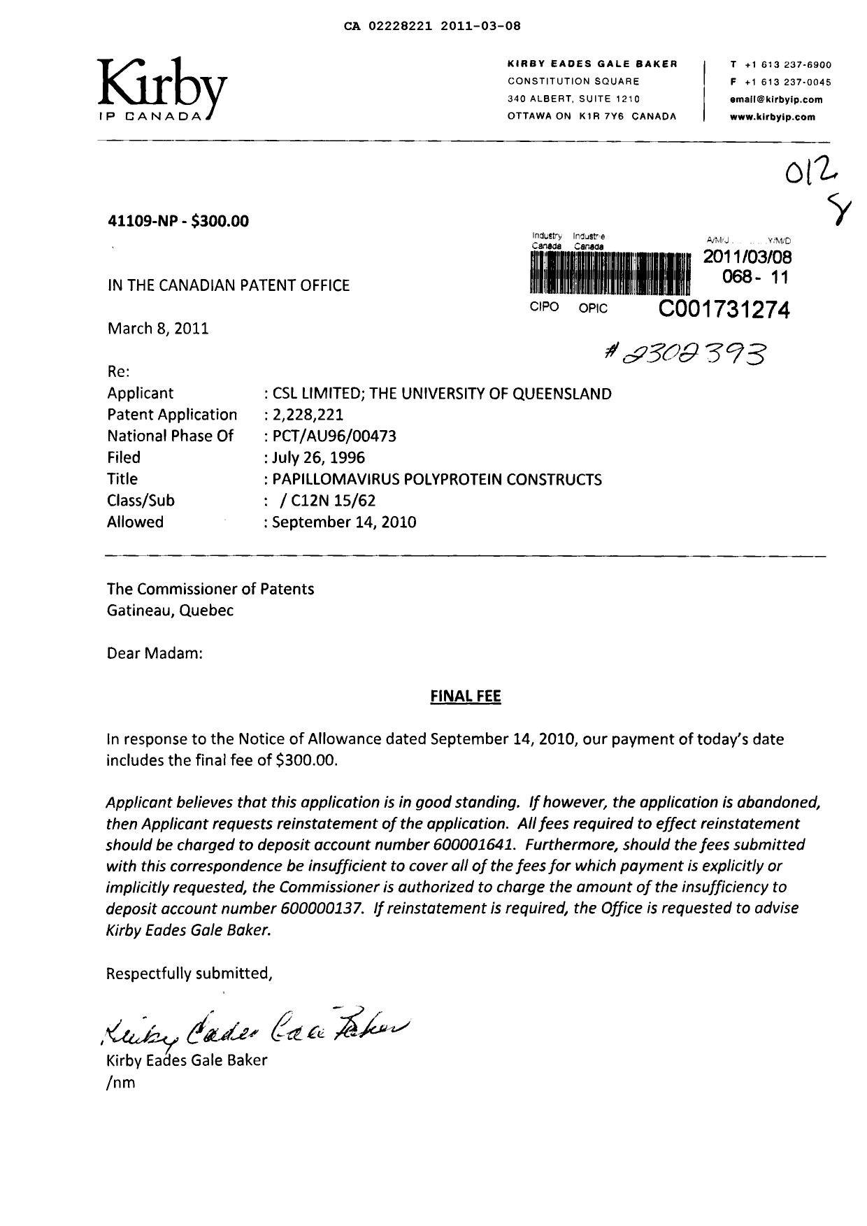 Document de brevet canadien 2228221. Correspondance 20110308. Image 1 de 1