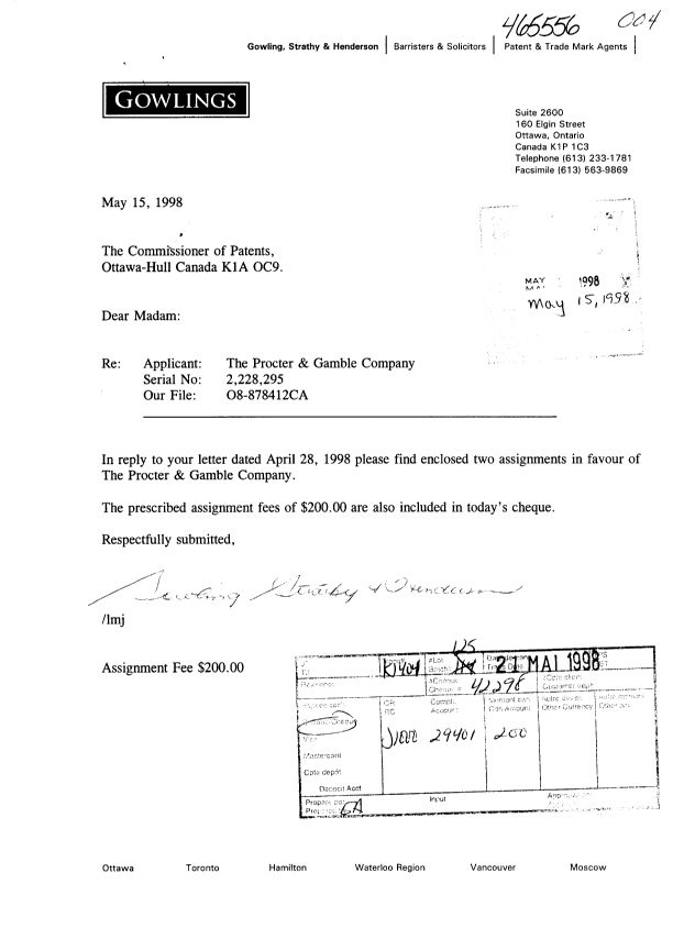 Document de brevet canadien 2228295. Cession 19980515. Image 1 de 6