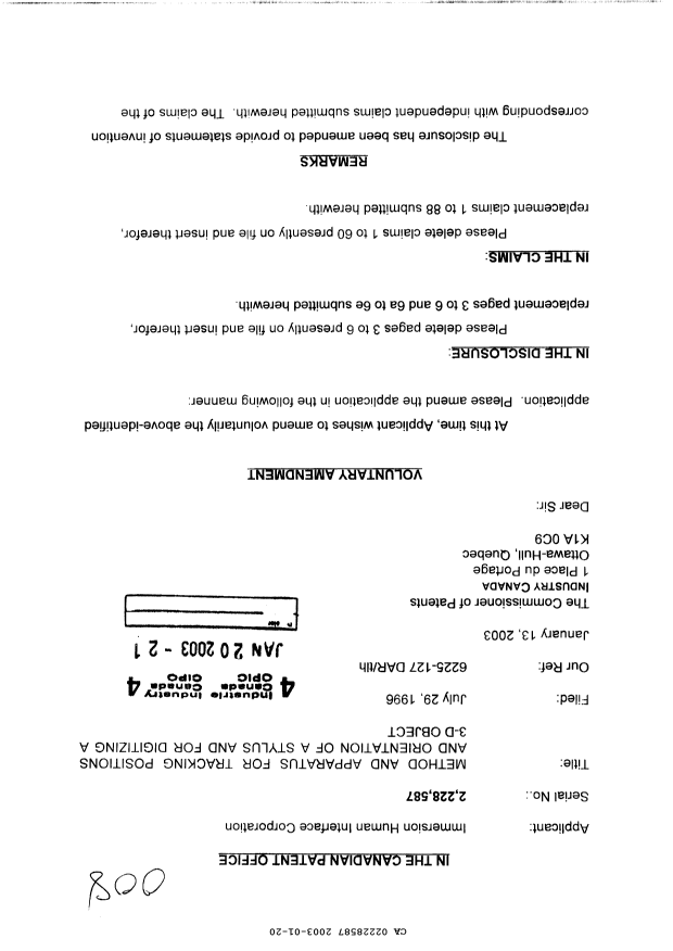 Canadian Patent Document 2228587. Prosecution-Amendment 20030120. Image 1 of 28