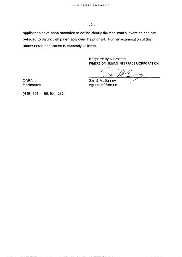 Canadian Patent Document 2228587. Prosecution-Amendment 20030120. Image 2 of 28