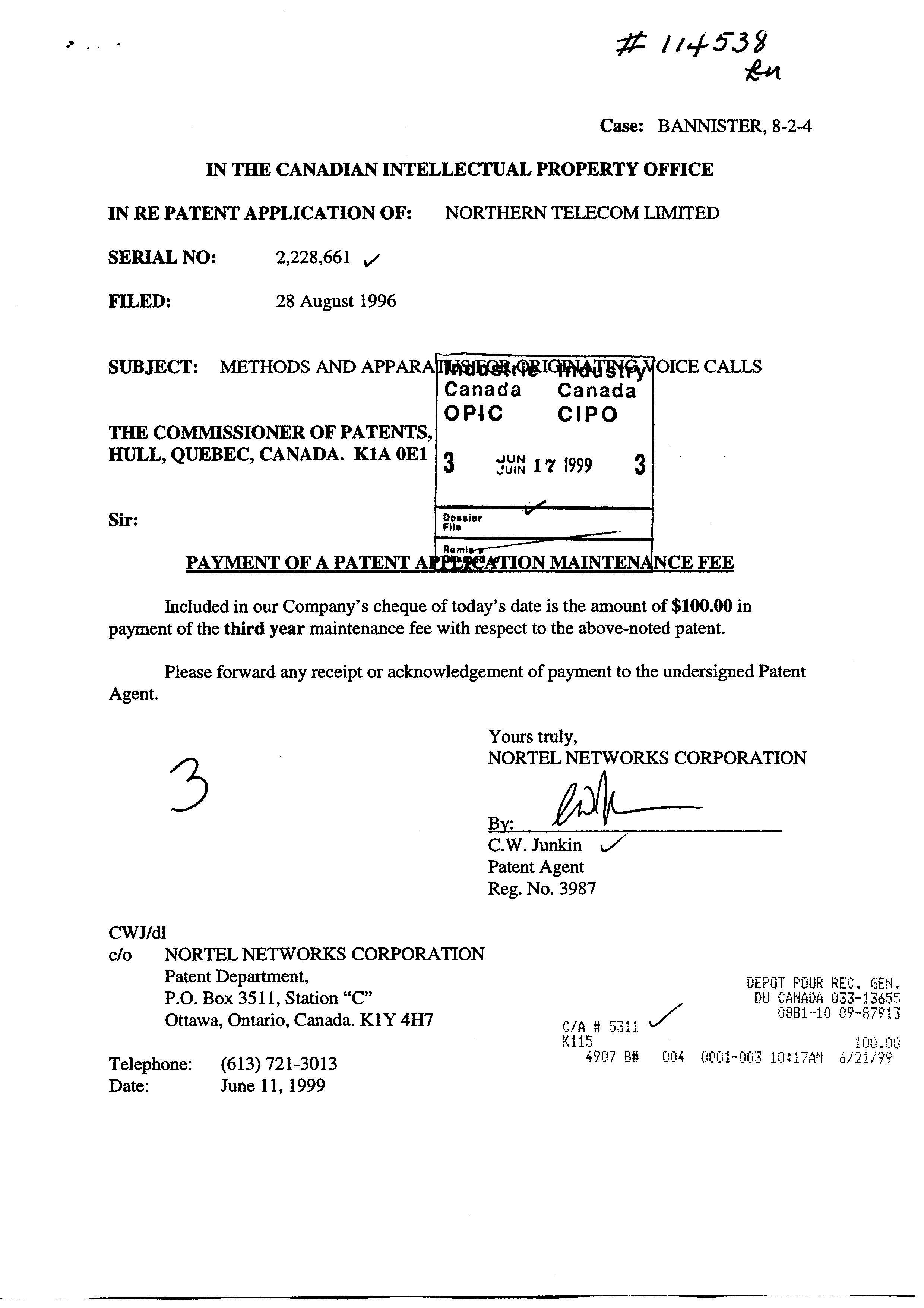 Canadian Patent Document 2228661. Fees 19990617. Image 1 of 1