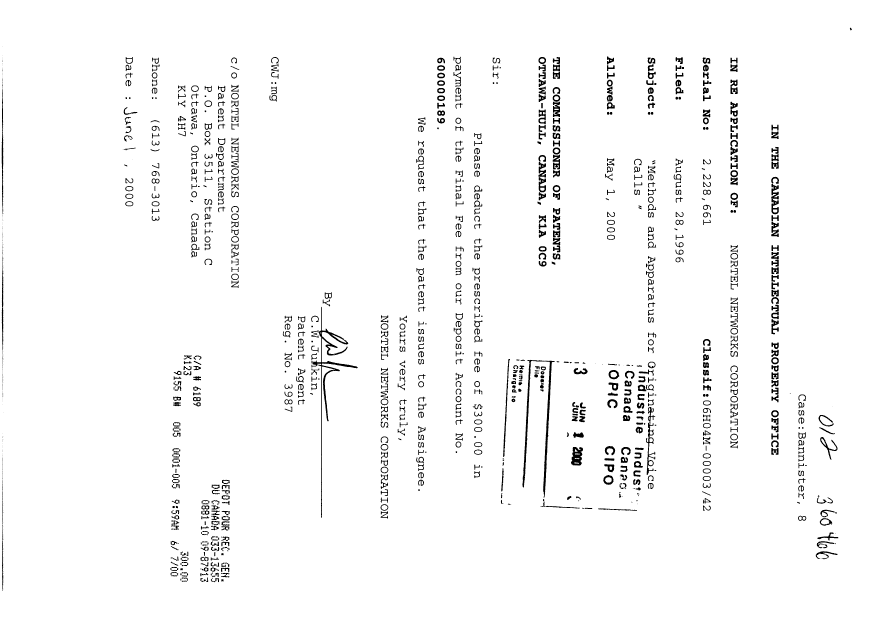 Canadian Patent Document 2228661. Prosecution-Amendment 20000601. Image 1 of 1