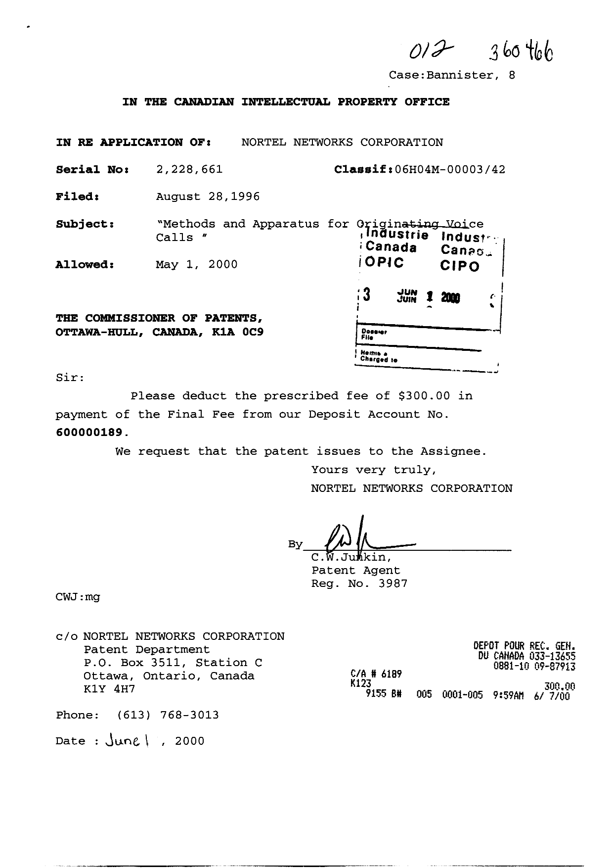 Canadian Patent Document 2228661. Prosecution-Amendment 20000601. Image 1 of 1