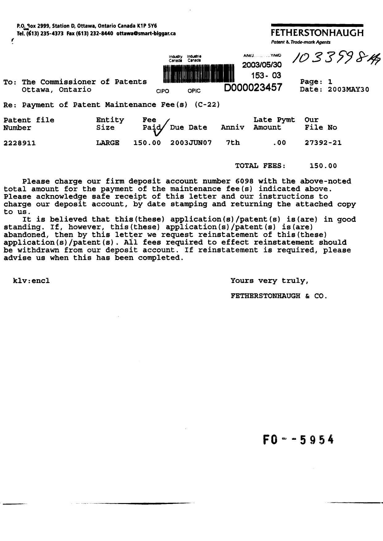 Document de brevet canadien 2228911. Taxes 20030530. Image 1 de 1