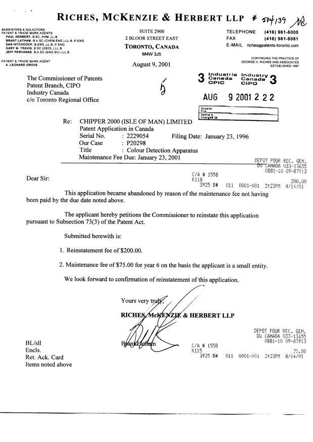 Document de brevet canadien 2229054. Taxes 20010809. Image 1 de 1
