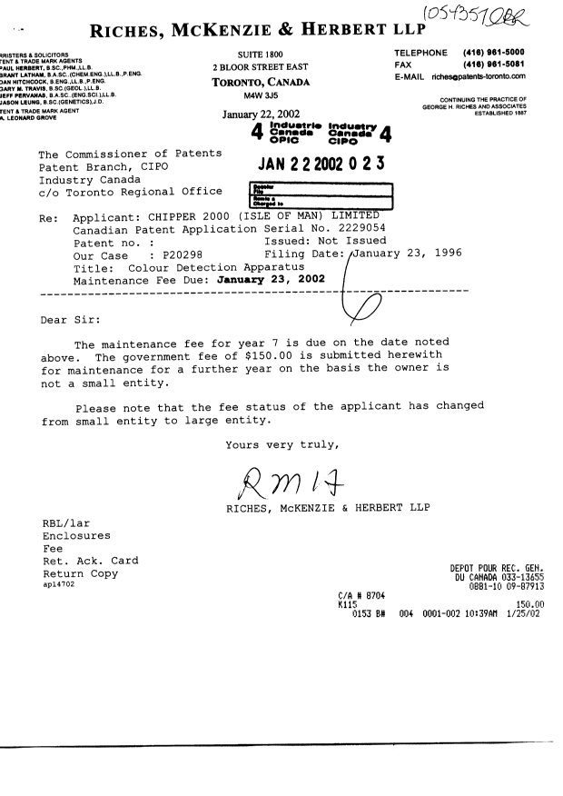 Document de brevet canadien 2229054. Taxes 20020122. Image 1 de 1