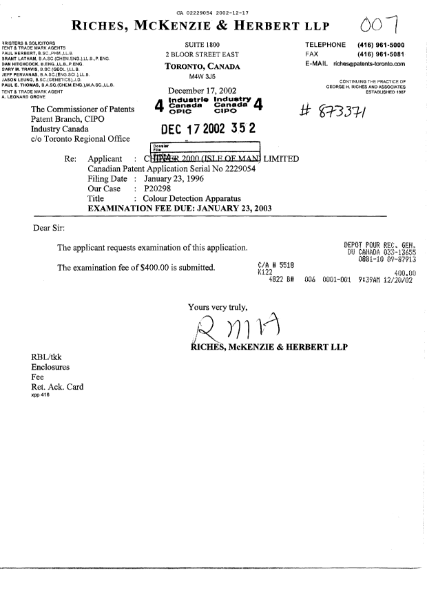 Canadian Patent Document 2229054. Prosecution-Amendment 20021217. Image 1 of 1