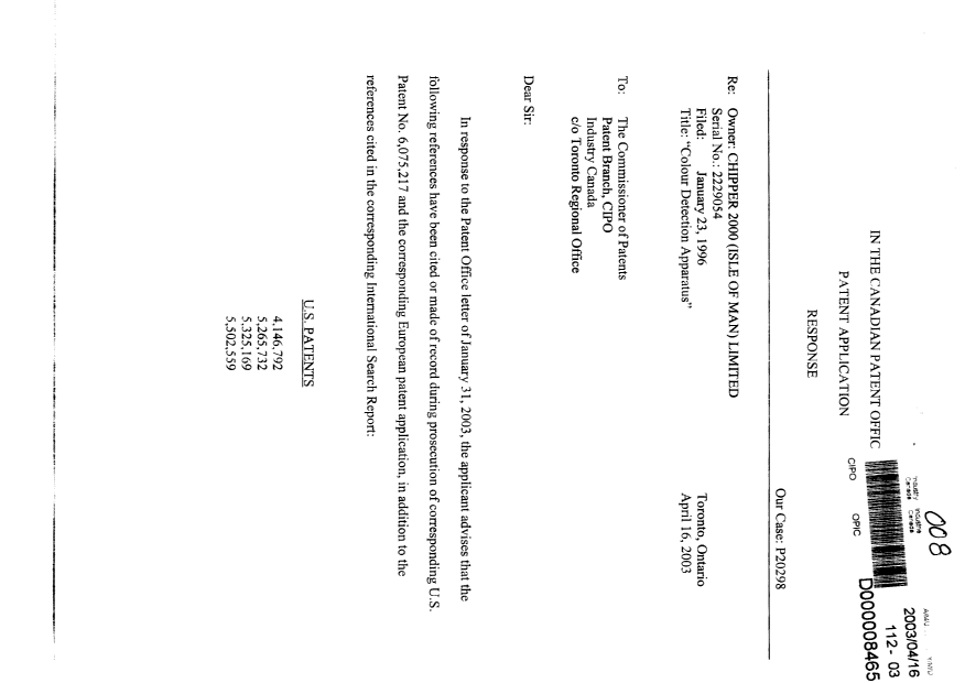 Canadian Patent Document 2229054. Prosecution-Amendment 20030416. Image 1 of 2