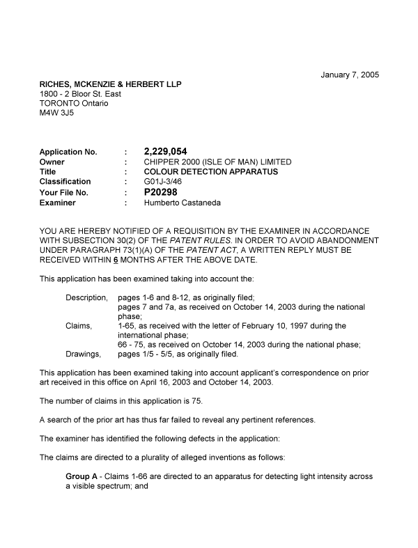 Canadian Patent Document 2229054. Prosecution-Amendment 20050107. Image 1 of 2