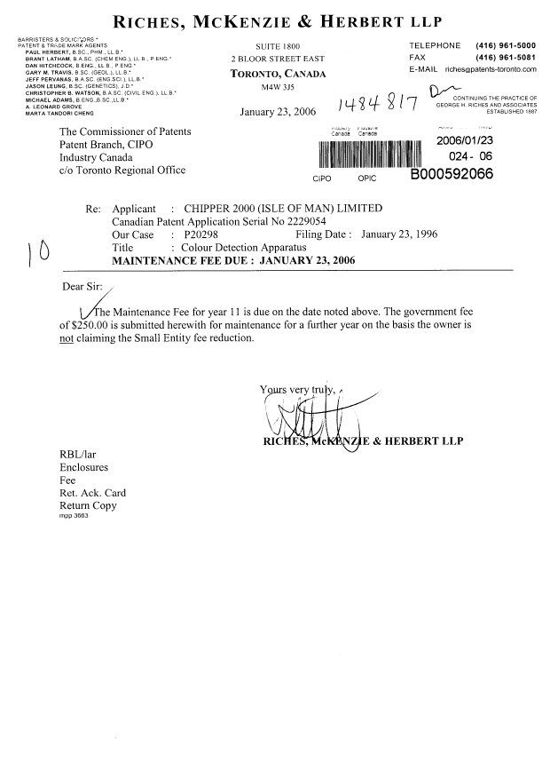 Document de brevet canadien 2229054. Taxes 20060123. Image 1 de 1