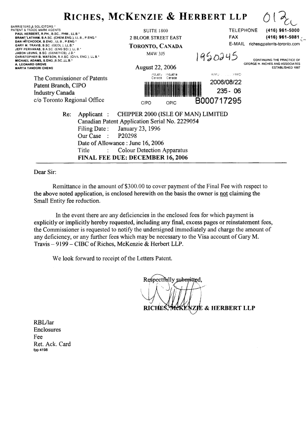 Canadian Patent Document 2229054. Correspondence 20060822. Image 1 of 1