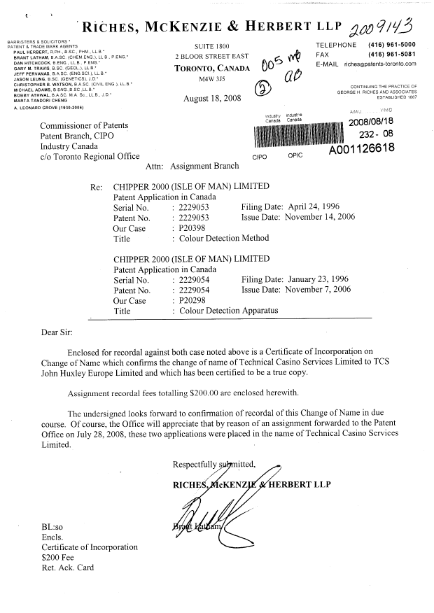 Document de brevet canadien 2229054. Cession 20080818. Image 1 de 2