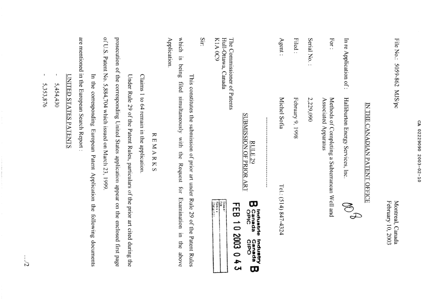 Canadian Patent Document 2229090. Prosecution-Amendment 20030210. Image 1 of 2