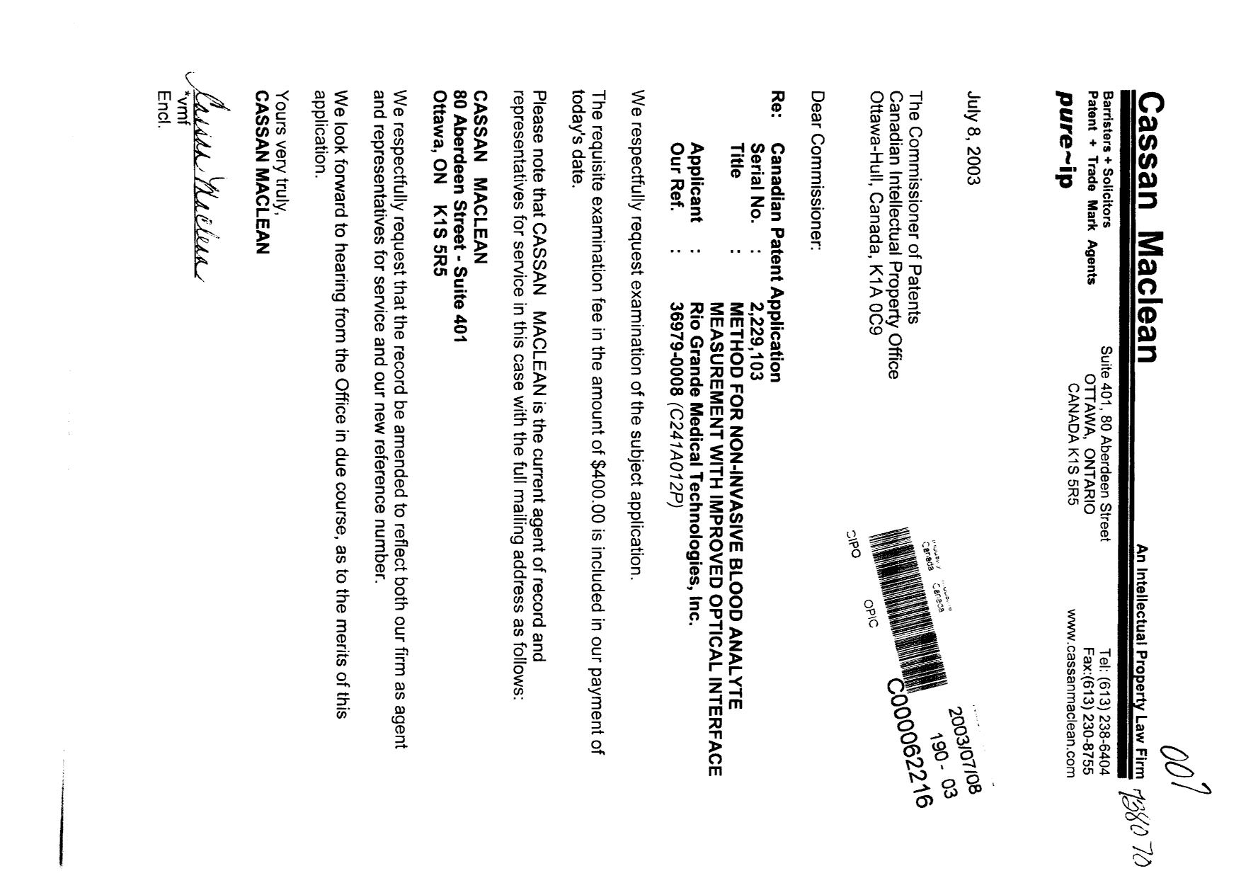 Canadian Patent Document 2229103. Prosecution-Amendment 20030708. Image 1 of 1