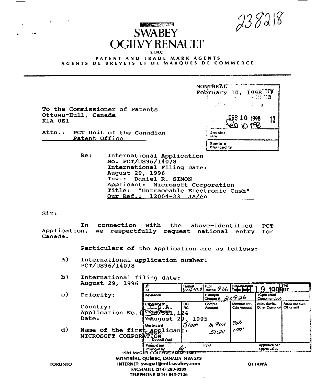 Document de brevet canadien 2229206. Cession 19980210. Image 1 de 3