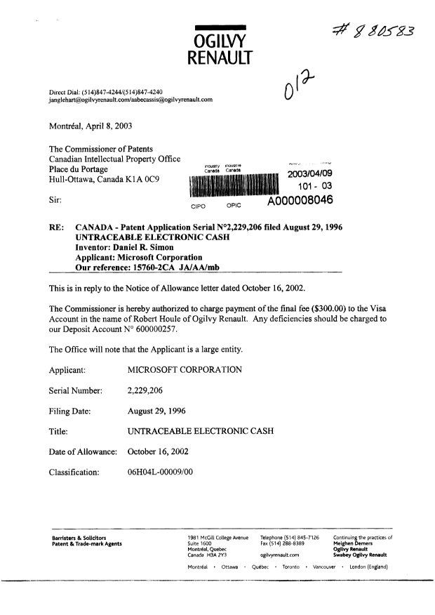 Canadian Patent Document 2229206. Correspondence 20030409. Image 1 of 2