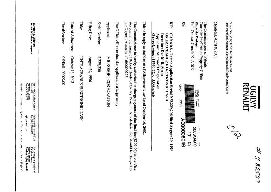 Document de brevet canadien 2229206. Correspondance 20030409. Image 1 de 2